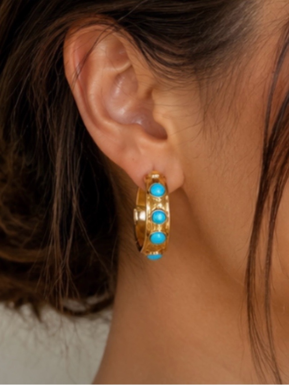 Gold-Tone Hoop Earrings with Turquoise Cabochons - Women Jewelry